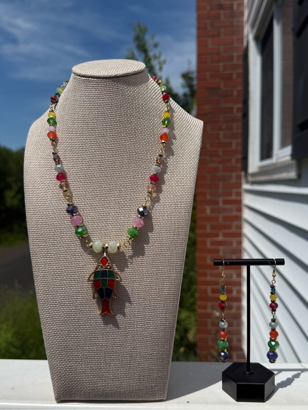 Multicolor Crystal Beaded Fish Pendant Necklace and Earrings Set - Picture 2 of 4